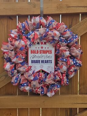 Patriotic Red, White, Blue Stars & Stripes Farmhouse Ribbon Door Wreath July 4th